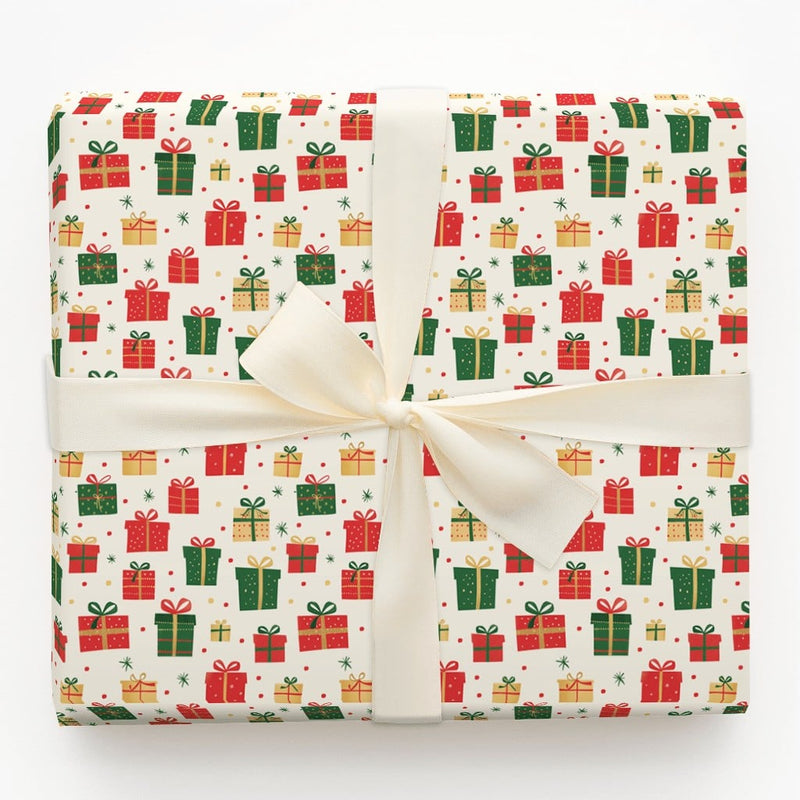 Red Green Gold Holiday Gift Wrap, Christmas Gift Box Wrapping Paper, Festive Present Pattern Wrapping Paper, Winter Holiday Gift Wrap Roll