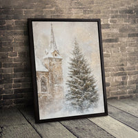Christmas Tree Church Wall Art, Winter Church Snowy Landscape Canvas Art, Vintage Winter Church Painting, Holiday Digital Download Print