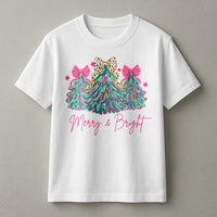 Leopard Bow Christmas Trees Tee, Merry and Bright Christmas Tree Shirt, Pink Christmas Holiday T-Shirt, Womens Xmas Graphic Tee