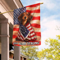 Dachshund Garden Flag Patriotic American 250 Years Strong | Double-Sided Premium Polyester | Outdoor Yard Decor for Dog Lovers