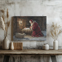 Religious Nativity Canvas Wall Art, Santa Kneeling at Manger Canvas Print, Christian Christmas Canvas, Holiday Nativity Scene Home Decor
