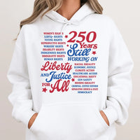 250 Years Liberty and Justice Hoodie | Patriotic Civil Rights Americana Typography Art | Soft Cotton-Polyester Blend | Gift for Activists and Political Advocates