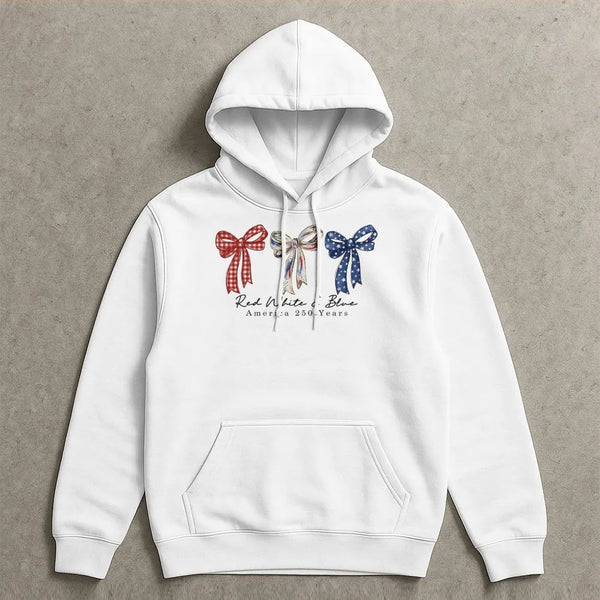 America 250 Years Hoodie | Patriotic Coquette Bow Design Red White Blue | Cotton-Polyester Blend Comfort | Gift for July 4th Celebration