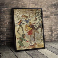 Nostalgic Winter Snow Scene Canvas, Vintage Ice Skating Canvas Wall Art, Christmas Holiday Wall Decor Canvas Print, Seasonal Home Decor