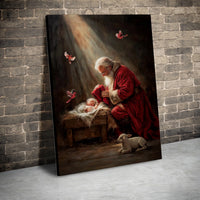 Nativity Scene Cardinals Canvas, Santa Adoring Baby Jesus Canvas Print, Religious Christmas Art Canvas, Holy Night Winter Holiday Decor