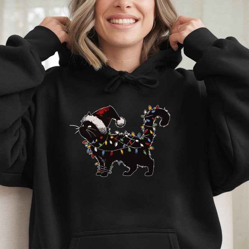 Festive Holiday String Lights Sweatshirt, Black Cat Christmas Hoodie, Adorable Spooky Cat Lover Xmas Pullover Hoodie, Humorous Holiday Top