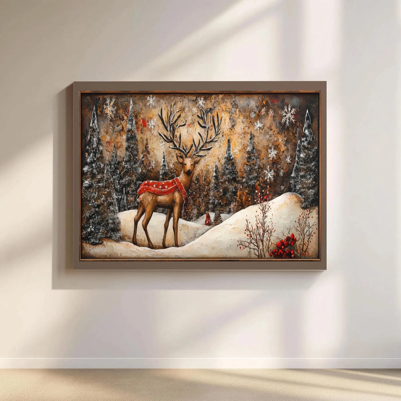 Snowy Christmas Landscape Canvas, Reindeer Winter Forest Wall Art, Rustic Holiday Wall Art, Farmhouse Xmas Print, Digital Download Art