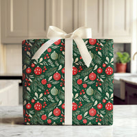 Pine Bough Holiday Gift Wrap, Christmas Ornament Wrapping Paper, Dark Green Red Festive Wrapping Paper, Winter Holiday Gift Wrap Roll