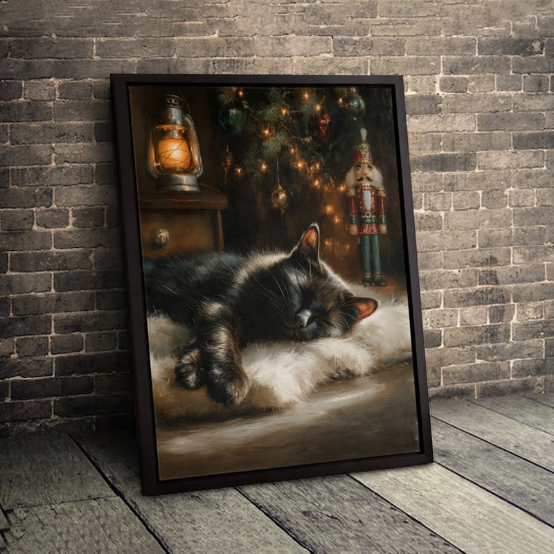 Christmas Tree Nutcracker Canvas Print, Sleeping Black Cat Canvas Wall Art, Holiday Cat Canvas Decor, Comfy Winter Wall Art, Cat Lover Present