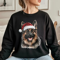Santa Hat Dog Holiday Sweater, German Shepherd Christmas Sweatshirt, Watercolor Dog Portrait Crewneck, Dog Lover Xmas Pullover