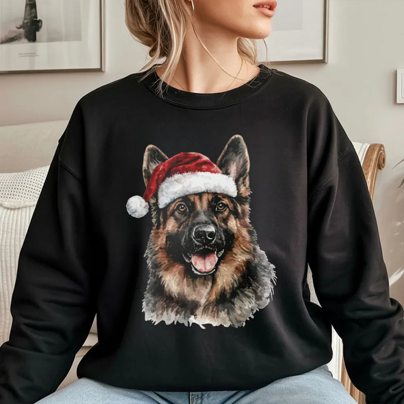 Santa Hat Dog Holiday Sweater, German Shepherd Christmas Sweatshirt, Watercolor Dog Portrait Crewneck, Dog Lover Xmas Pullover