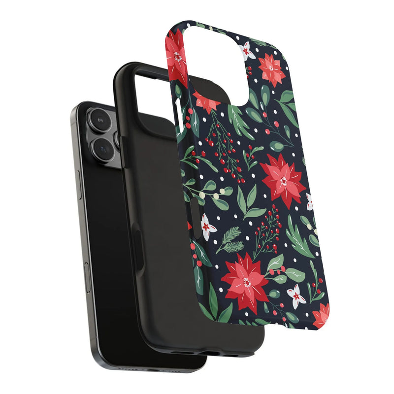 Christmas Floral Phone Cover, Deck the Halls Poinsettia Phone Case, Holiday Poinsettia Protective Case for iPhone, Festive Berry Phone Case