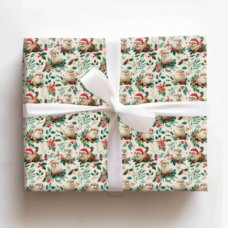 Santa Hat Animal Wrapping Paper, Christmas Otter Wrapping Paper, Holiday Holly Otter Gift Wrap, Festive Winter Present Wrapping Paper Roll