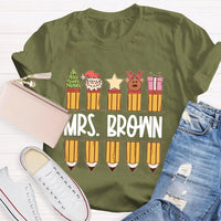 Custom Name Holiday Graphic Tee, Personalized Christmas Pencil Shirt, Adorable Teacher Christmas T-Shirt, Back to School Xmas Season Present