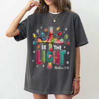 Christmas Lights Christian Cross Graphic Tee, Matthew 5:14 Be the Light T-Shirt, Bible Scripture Religious Shirt, Jesus Faith Tee