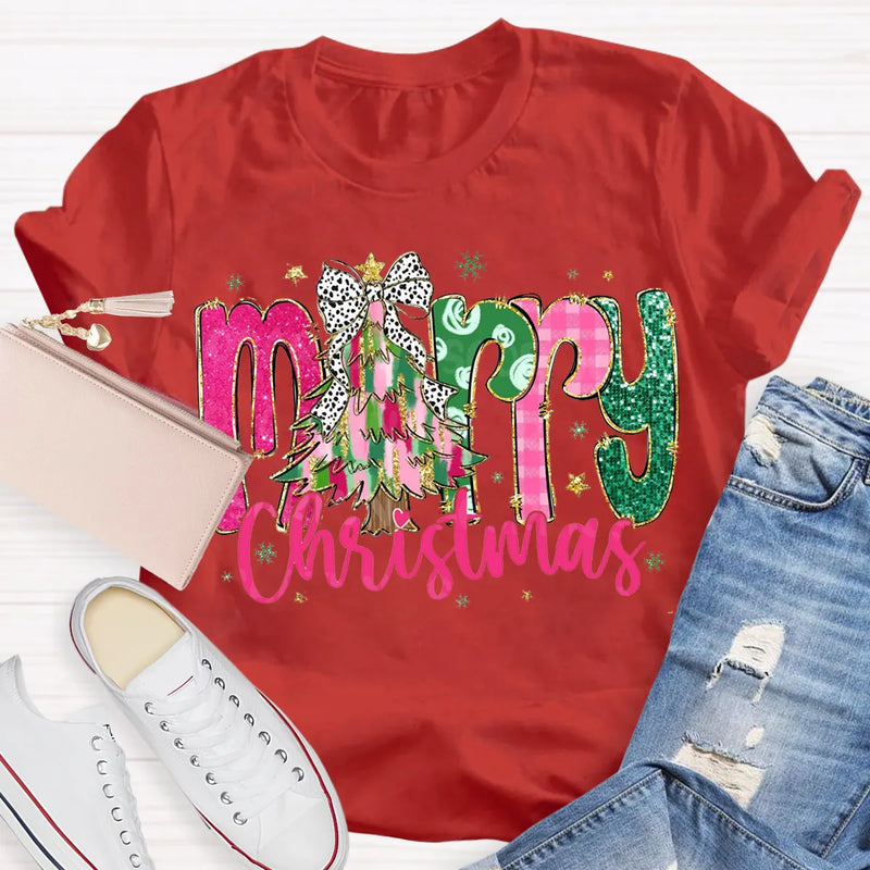 Festive Holiday Teacher Shirt, Merry Christmas Colorful Glitter Teacher T-Shirt, Christmas School Educator Graphic Tee