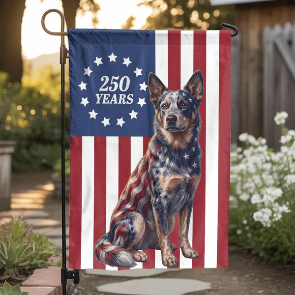 Heeler Dog Garden Flag | Patriotic 250 Years American Flag Design | Weather-Resistant Double-Sided Polyester | Gift for Dog Lovers
