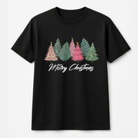 Pink and Green Hand-Drawn Tree Graphic Tee, Merry Christmas T-Shirt, Adorable Holiday Xmas Shirt, Festive Winter Apparel Present