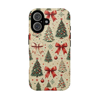 Vintage Red Bow Ornament Holiday Phone Case, Christmas Tree Phone Case for iPhone, Festive Winter Tough Phone Case, Christmas Present for Her