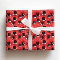 Festive Red Winter Gift Wrap, Snowy Black Top Hats Christmas Wrapping Paper, Classic Snowfall Top Hat Wrapping Paper, Holiday Gift Wrap Roll