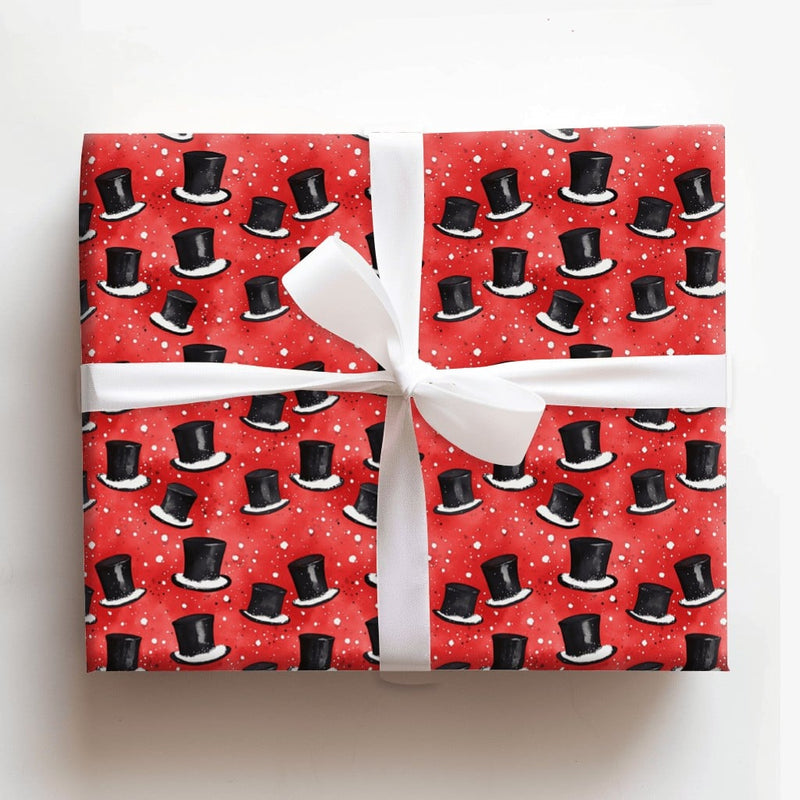 Festive Red Winter Gift Wrap, Snowy Black Top Hats Christmas Wrapping Paper, Classic Snowfall Top Hat Wrapping Paper, Holiday Gift Wrap Roll