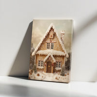 Whimsical Snowy Winter Landscape Canvas, Gingerbread House Christmas Canvas Wall Art, Festive Holiday Canvas Print, Comfy Xmas Wall Decor