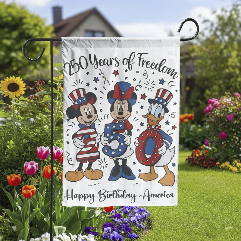 Patriotic 250 Years of Freedom Garden Flag | Cartoon Characters USA Celebration | Weather-Resistant Double-Sided Polyester | Outdoor Yard Decor Gift