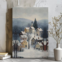 Alpine Town Landscape Canvas Print, Winter Village Snowy Mountain Canvas Wall Art, Comfy Holiday Poster, Christmas Digital Download