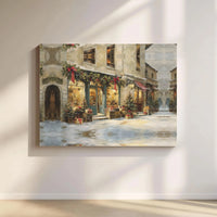 Snowy European Storefront Oil Painting Print, Christmas Village Canvas Wall Art, Comfy Holiday Winter Poster, Festive Digital Download