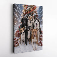 Festive Dog Pack Holiday Art Print, Christmas Dogs Wall Art, Snowy Christmas Tree Dogs Poster, Adorable Pet Lover Xmas Decor Digital Download