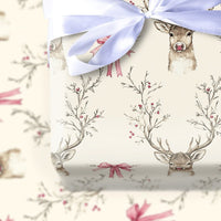 Pink Bow and Berry Branch Gift Wrap, Watercolor Reindeer Wrapping Paper, Rustic Holiday Deer Wrapping Paper, Elegant Christmas Gift Wrap