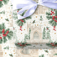 Gothic Church Holiday Wrapping Paper, Cathedral Christmas Wrapping Paper, Holly Berry Winter Wrapping Paper, Elegant Church Scene Gift Wrap