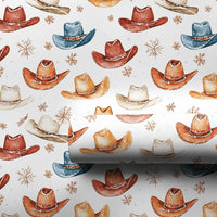 Western Holiday Gift Wrap, Watercolor Cowboy Hat Wrapping Paper, Rustic Country Christmas Present Wrap, Snowflake Festive Present Paper