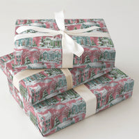 Pastel House Holiday Gift Wrap, Pink Winter Village Wrapping Paper, Whimsical Snowman Christmas Wrapping Paper, Comfy Winter Gift Wrap