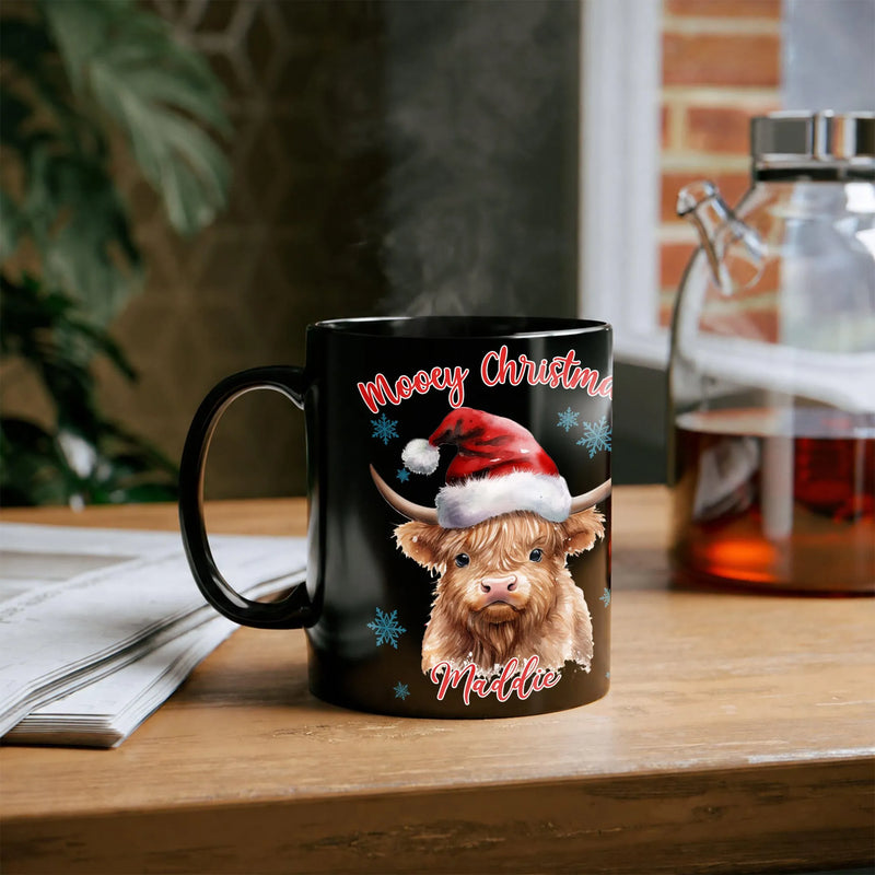Watercolor Cow in Santa Hat Coffee Mug, Personalized Highland Cow Christmas Mug, Custom Name Holiday Ceramic Mug, Xmas Coffee Cup