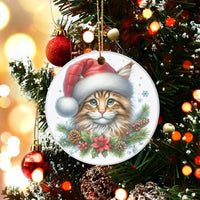 Santa Hat Kitten with Poinsettia Ornament, Cat Christmas Ornament, Adorable Pet Lover Tree Ornament, Ceramic Holiday Keepsake Present