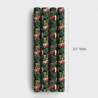Musical Christmas Gift Wrap, Vintage Santa Trumpet Wrapping Paper, Pine Branch Holiday Present Paper, Dark Green Xmas Gift Wrap