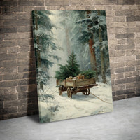 Winter Tree Cart Christmas Print, Snowy Forest Christmas Canvas Wall Art, Holiday Forest Poster, Seasonal Room Decor, Digital Download Present