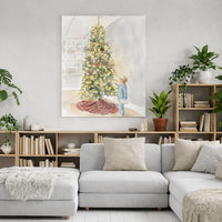 Child in Pajamas Holiday Wall Art, Christmas Tree Watercolor Canvas Print, Christmas Nursery Canvas Decor, Holiday Canvas, Digital Download