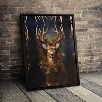Rustic Holly Pinecone Wreath Canvas Print, Christmas Deer Canvas Wall Art, Holiday Farmhouse Deer Canvas, Winter Wildlife Animal Wall Decor