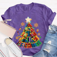 Crayon Christmas Tree Shirt, Art Teacher Christmas T-Shirt, Colorful Art Educator Holiday Graphic Tee, Snowflakes Lights Teacher Present