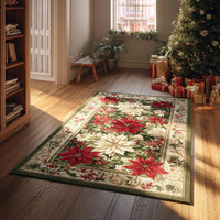 Christmas Holiday Tapestry Rug, Vintage Poinsettia Area Rug, Festive Floral Winter Floor Carpet, Washable Non-Slip Season Decor Present