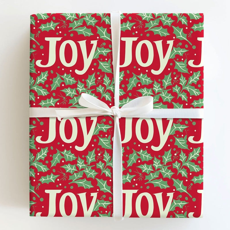 Red Holly Berry Gift Wrap, JOY Christmas Wrapping Paper, Festive Holiday Wrapping Paper, Xmas Gift Wrap Roll, Winter Present Wrapping Paper