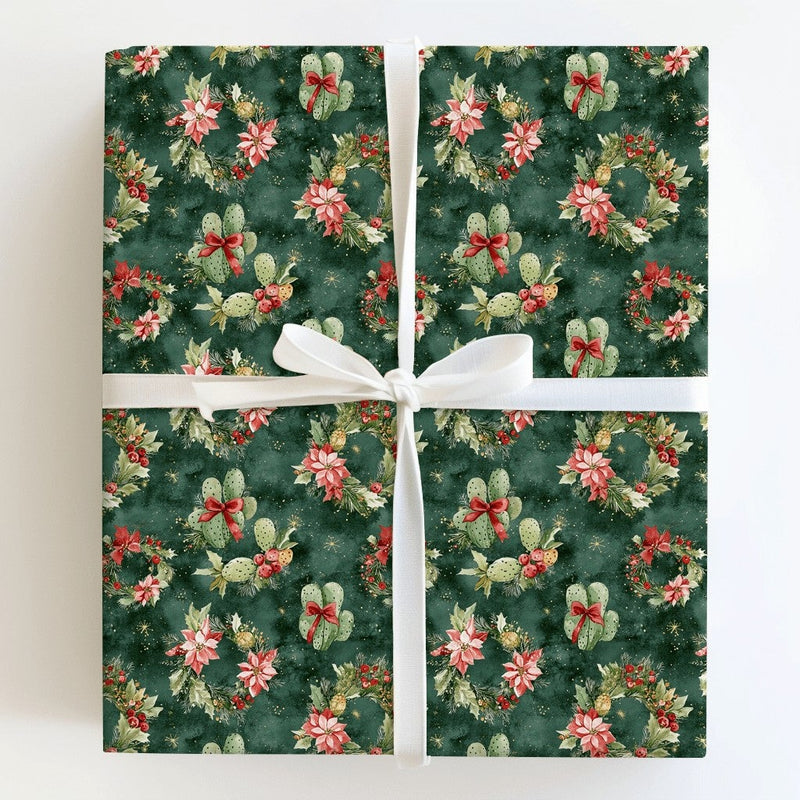 Cactus Poinsettia Wreath Gift Wrap Paper, Southwestern Desert Christmas Wrapping Paper, Western Boho Holiday Present Wrapping Paper