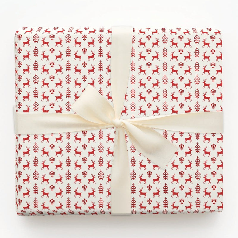 Reindeer Pine Tree Gift Wrap, Scandinavian Christmas Wrapping Paper, Nordic Holiday Wrapping Paper Roll, Red Winter Present Wrap Roll