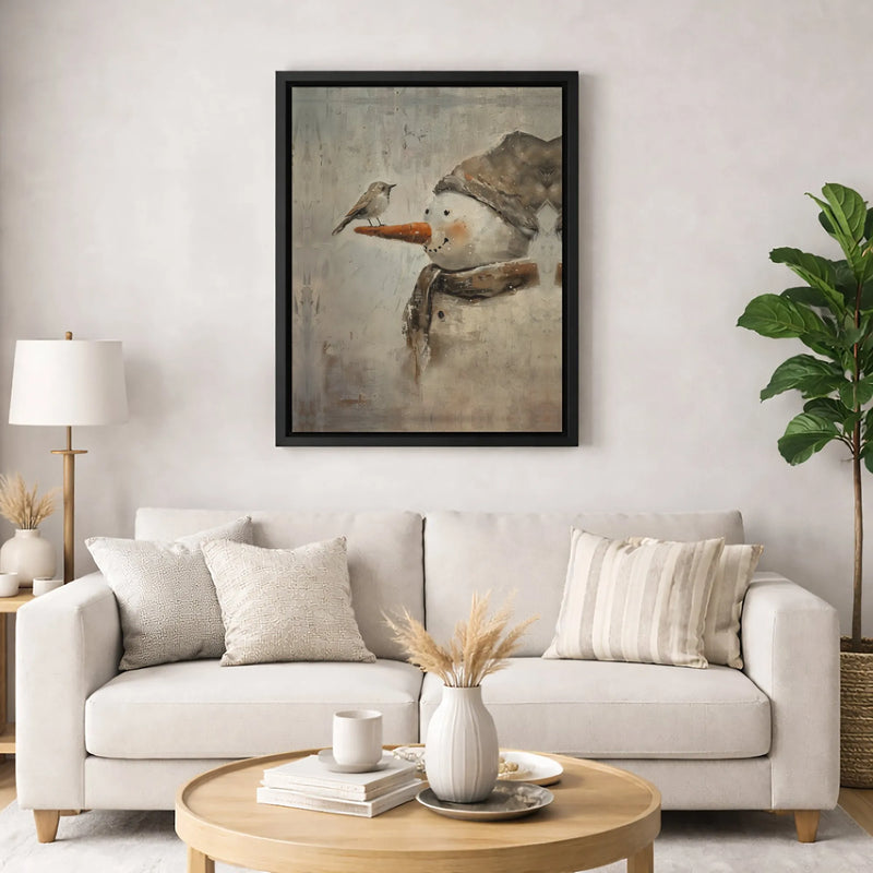 Winter Forest Bird Canvas Print, Rustic Snowman Canvas Wall Art, Whimsical Farmhouse Holiday Canvas Decor, Comfy Seasonal Christmas Present