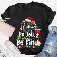 Santa Hat Fairy Lights Graphic Tee, Be Merry Be Jolly Be Kind Christmas T-Shirt, Holiday Family Shirt, Xmas Party Top