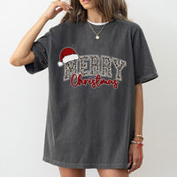 Leopard Santa Hat Holiday Graphic Tee, Merry Christmas T-Shirt, Adorable Retro Xmas Shirt, Festive Christmas Party Tee for Women Teens