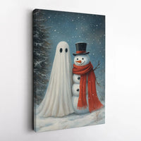 Spooky Christmas Winter Canvas Print, Ghost and Snowman Canvas Wall Art, Whimsical Holiday Ghost Wall Art, Adorable Winter Wall Decor