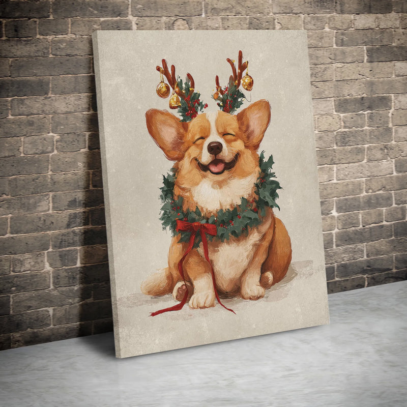 Holiday Puppy Reindeer Antlers Canvas Print, Christmas Corgi Canvas Wall Art, Adorable Dog Winter Wall Decor, Festive Xmas Dog Lover Canvas